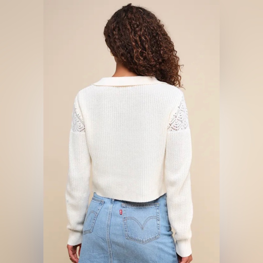 Lulus Cozy Cream Pointelle Knit Collared Cropped Sweater White - Picture 3 of 3